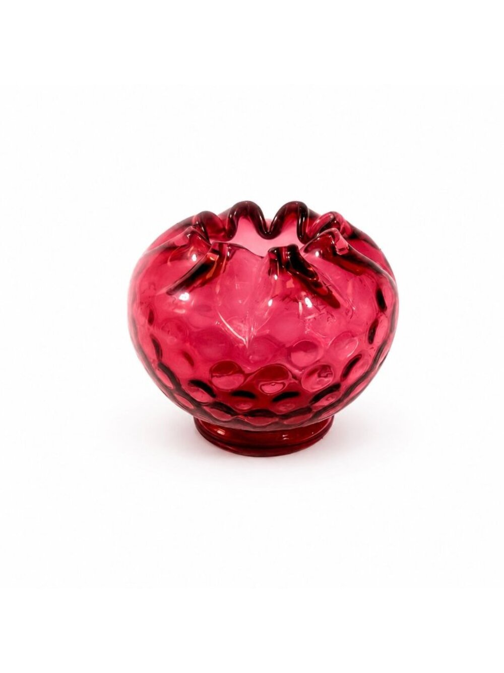 Rose Bowl Ruby Dot Optic Cranberry Ruby Fenton Art Glass Ruffled Vintage Hand Bl